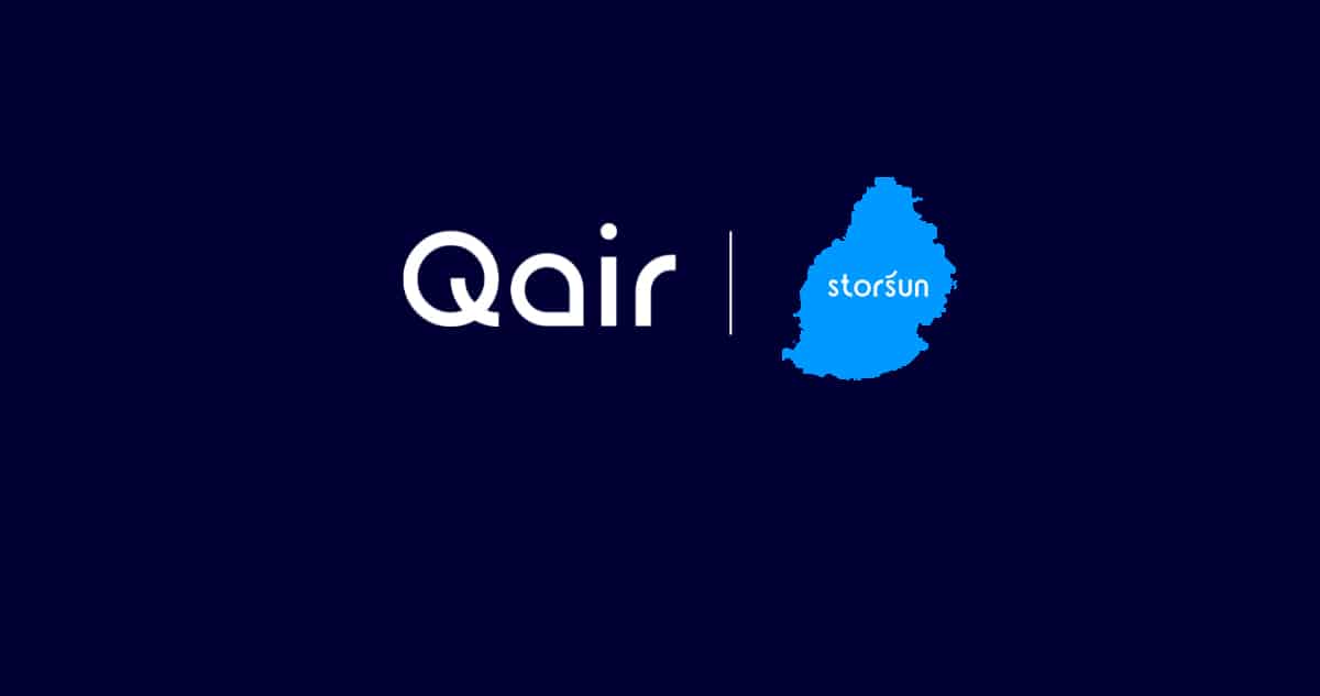 Renewable energy company qair logo with its BESS project Stor'Sun log above a map of Mauritius